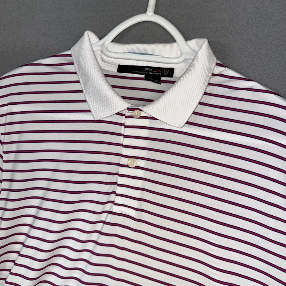 Ralph Lauren RLX Polo Shirt Mens Large White Red Striped Stretch Embroidered